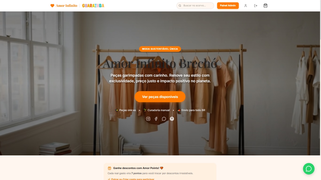 Loja online Amor Infinito Brechó com vitrine de roupas, busca no acervo e programa de pontos