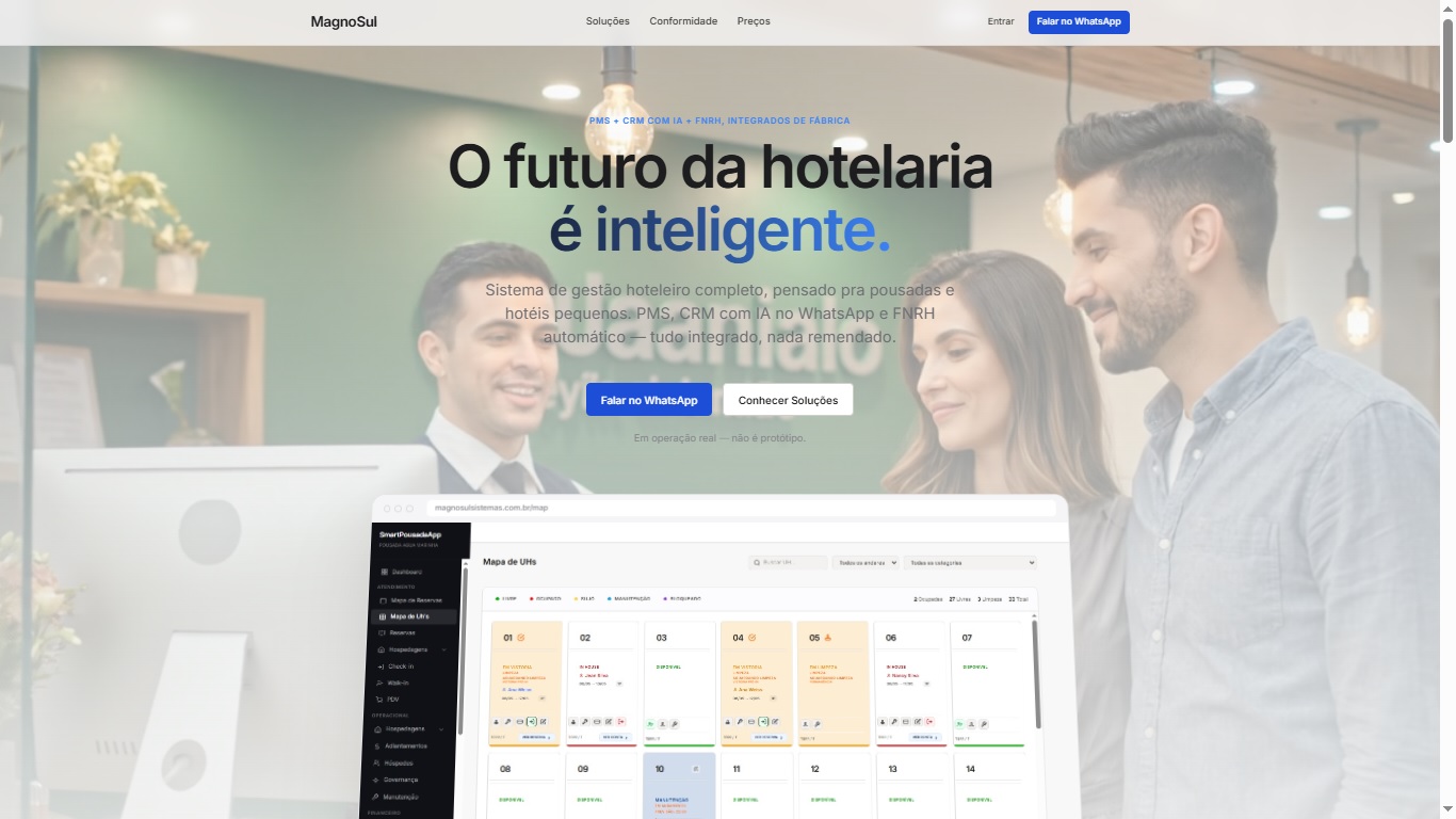 Site do MagnoSul mostrando o sistema de gestão hoteleira com o mapa de unidades habitacionais aberto