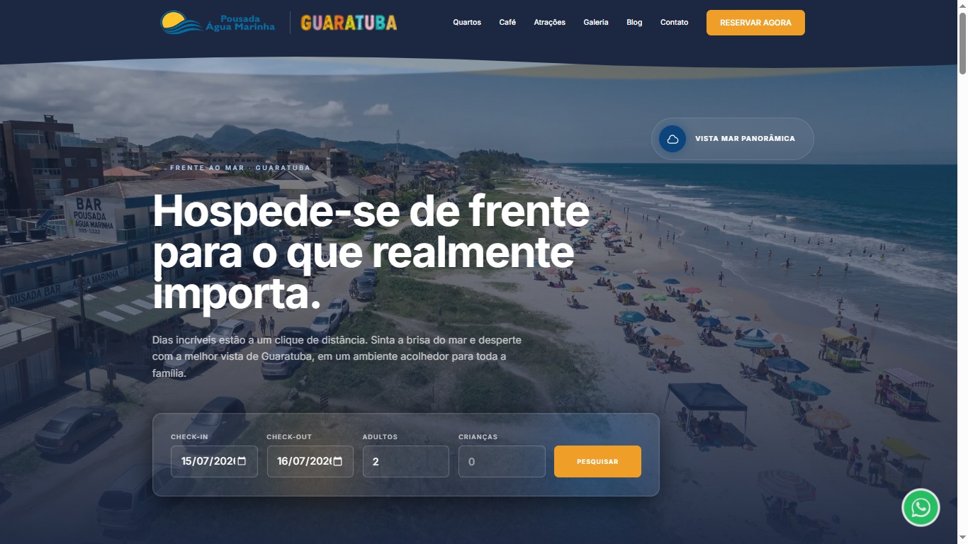 Site da Pousada Água Marinha em Guaratuba com vista aérea da praia e buscador de reservas na tela inicial